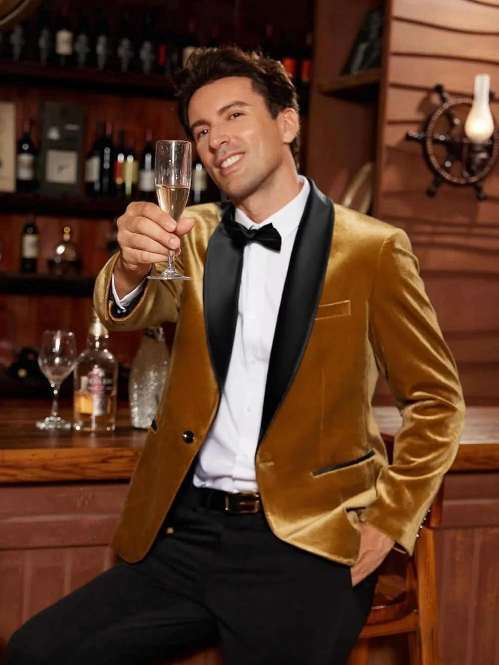 Grace Karin Gold Velvet Blazer with Black Satin Shawl Lapel